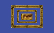 The Mona Lisa's eye peering out from a concentric series of gold frames, on a solid blue background.