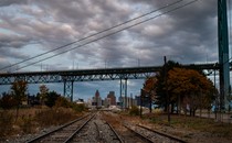 The Detroit skyline seen from empty train tracks