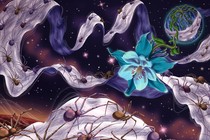 Illustration of a ribbon of spider silk covered with spiders stretching across star-filled space to wrap around a blue planet with a blue flower growing from it