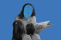 Photo-illustration of a woman reading to children; her face has been replaced with a circuit board.