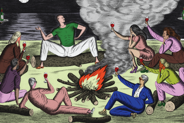 Illustration in style of color woodcut of people sitting on logs around wood bonfire on beach at night raising glasses of red wine with butlers serving in background.