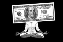 An illustration depicting someone meditating with a $100 bill over their face