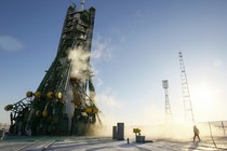 A Soyuz spacecraft, which carries astronauts to space, sits on the launchpad at Baikonur cosmodrome in Kazakhstan.