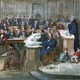 Engraving depicting a courtroom scene during the 1868 impeachment of Andrew Johnson.