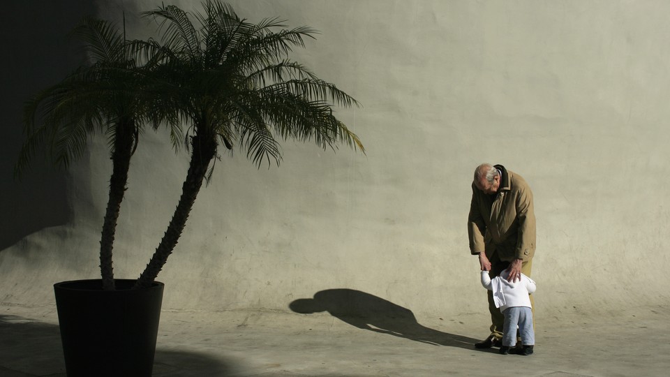 A toddler hugs the legs of a man next to a palm tree outside