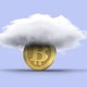 A crypto coin with a cloud over it