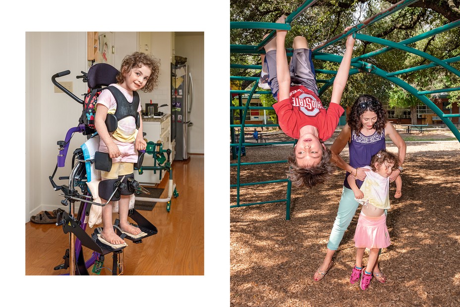 Livie smiling and standing harnessed into her stander, a device with supports at head, sides, hips, knees, and feet, with kitchen in background. In foreground Noah hangs upside-down from a playground structure while Lindsay smiles and helps Livie stand by grasping her under her arms, with trees in background. 