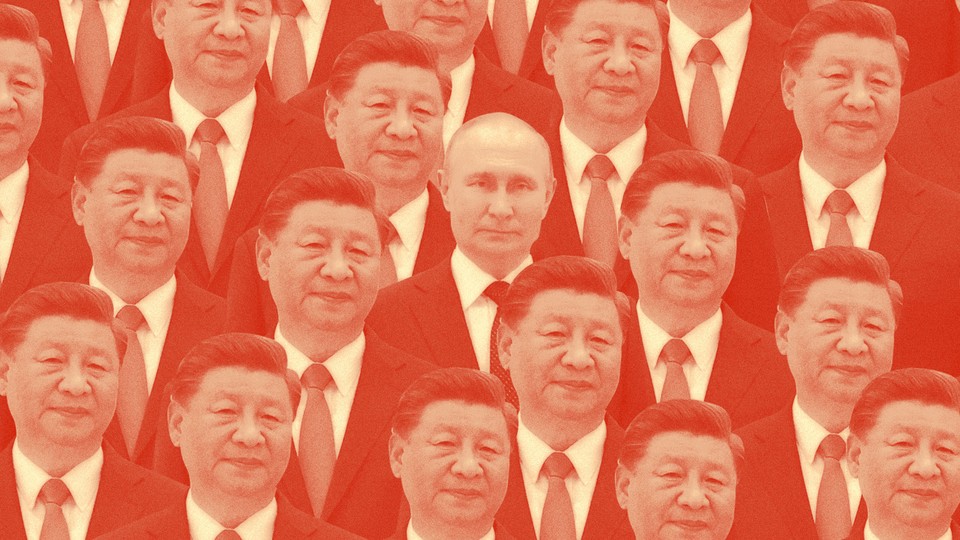 A photomontage of many Xi Jinping faces and one Vladimir Putin face