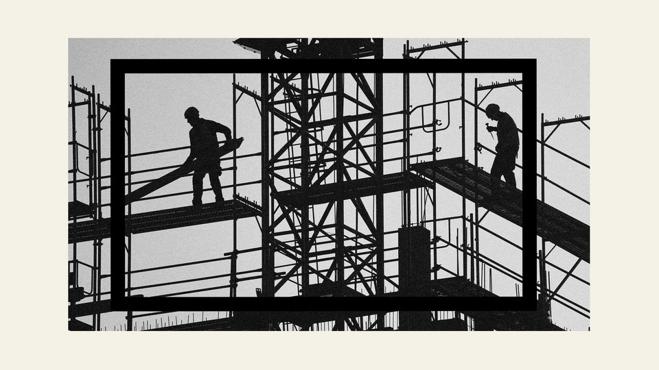 Two people standing on scaffolding in a construction site, in black-and-white silhouette