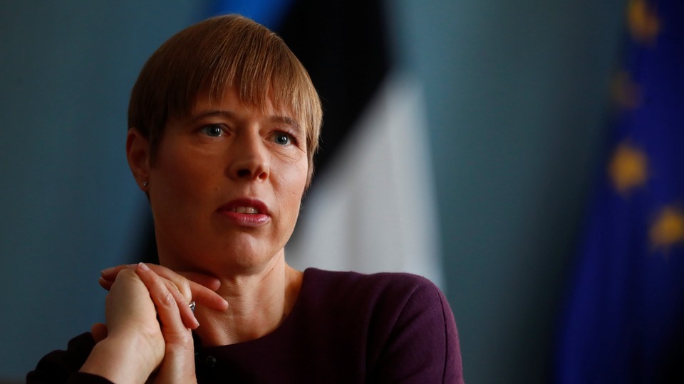 Estonian President Kersti Kaljulaid speaks at an interview in Tallinn.