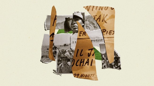 fragments of Kochai's book cover collaged with photos of children