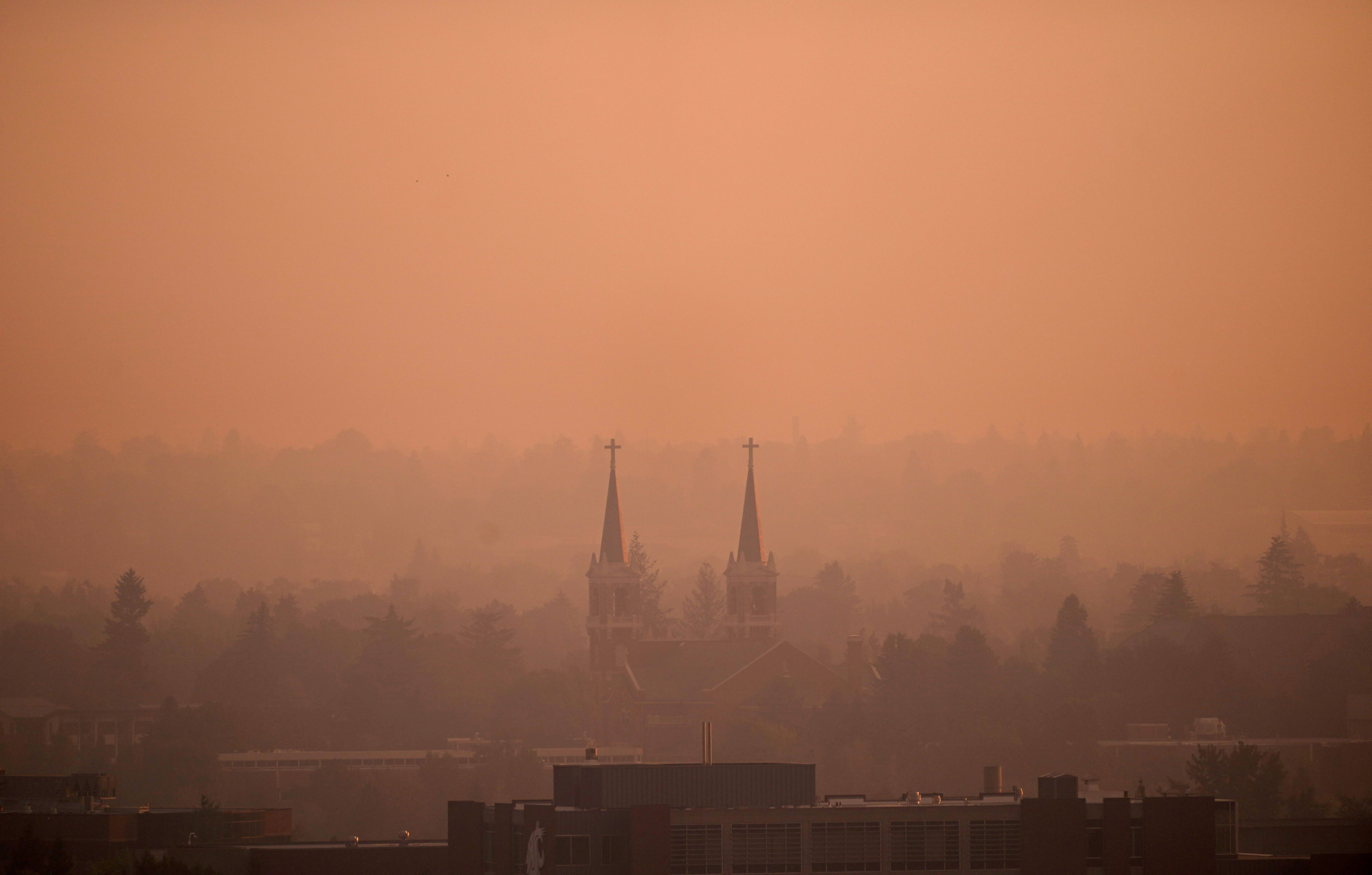 An elevated view of a neighborhood, seen under heavy wildfire smoke