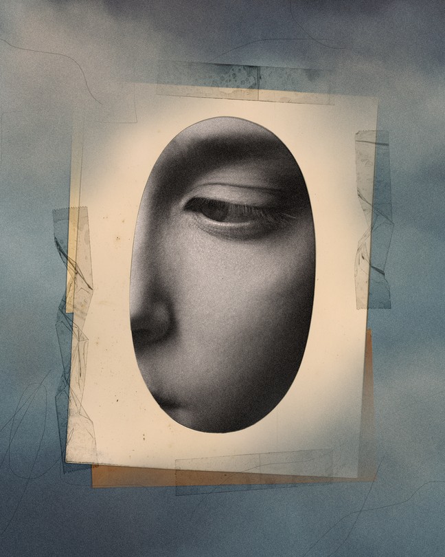 Collage of a woman's eye looking downward on a background of hazy sky
