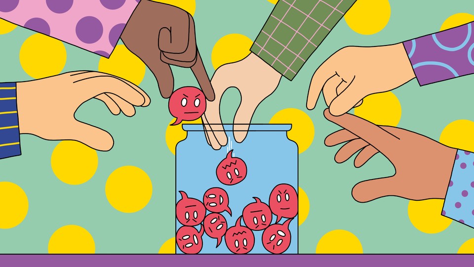 People in colorful clothing toss angry red speech bubbles into a jar