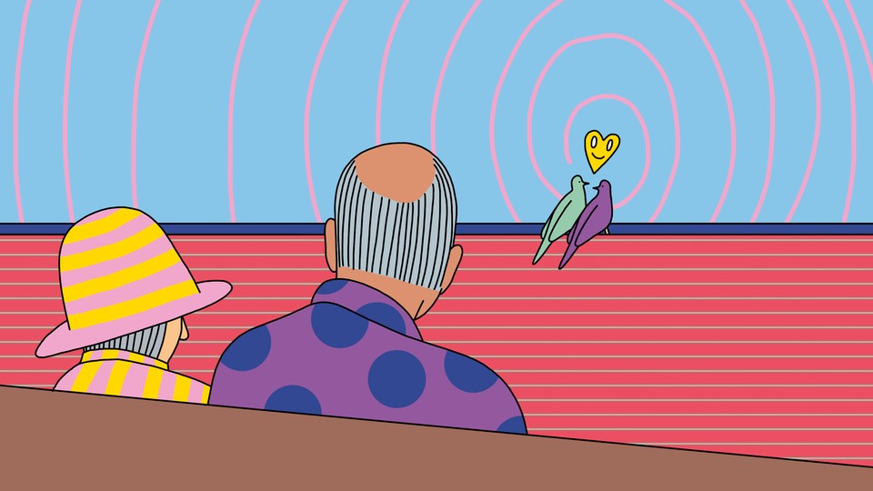 Illustration of an elderly couple sitting on a bench looking at two green and purple birds with a yellow heart above them.