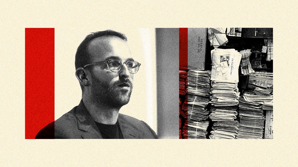 Photo collage of Il Foglio editor Claudio Cerasa and a stack of newspapers