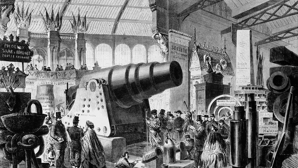 A black and white illustration of men and women gathered around observing the Krupp Cannon