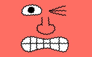 A face with one eye wide, the other closed, a nose, and grimacing teeth, all drawn with wavy lines on a red background