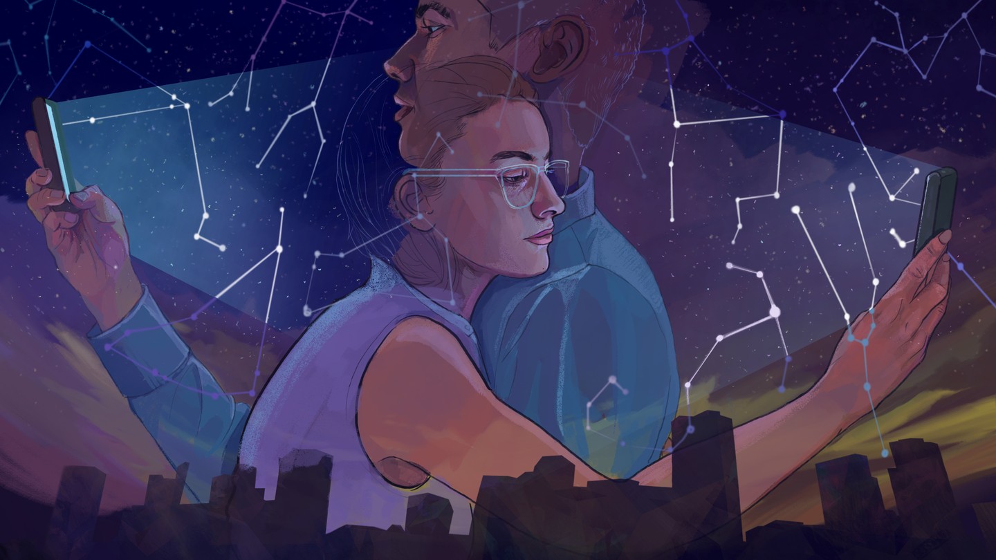 Two young people crossing paths over a cityscape, looking at their phones. The glow of the phones illuminates constellations in the sky.