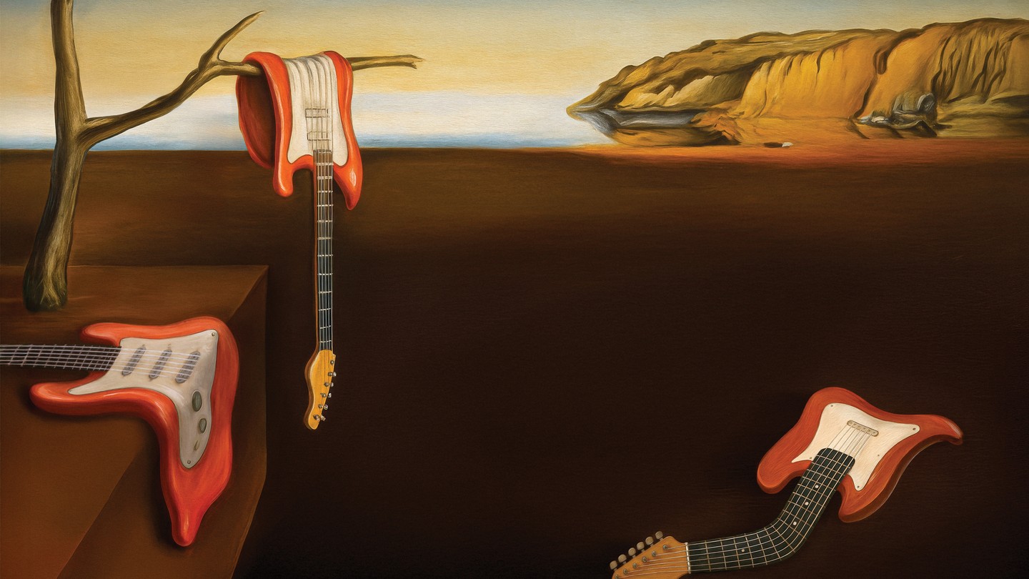 An image showing guitars melting in a dreamy desert landscape