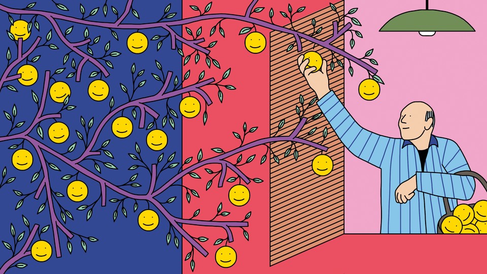 An illustration of an old man picking smiley faces off a tree.