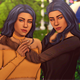 Two young women embrace in the computer game The Sims.