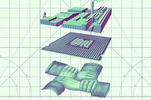 A drawing of a factory atop an equally sized computer chip atop four hands gripping the wrist of the next. This illustration is in front of grid paper with numbers on the x-axis and the y-axis and multiple angles drawn on it.