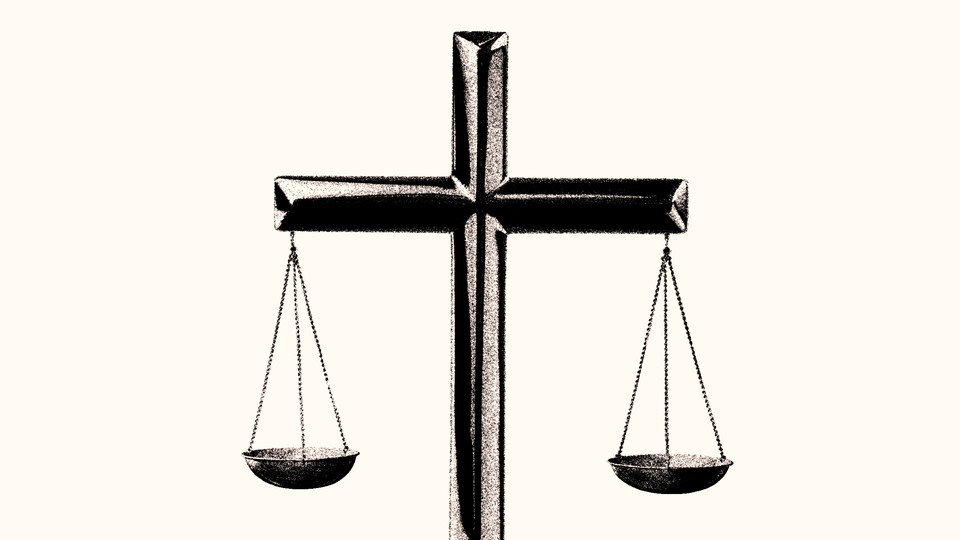 Illustration showing a vintage balance scale (the kind widely used as a symbol for legal justice), in which the beam holding the two scale pans is replaced by a Christian cross