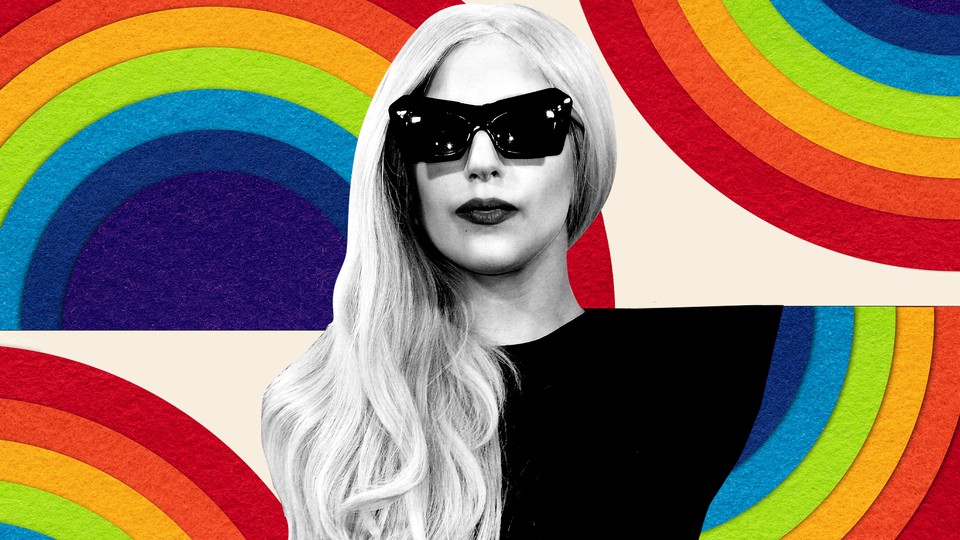 A black-and-white cutout of Lady Gaga against a rainbow-filled background