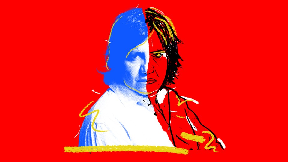 Photo of Alejandro Zambro on a red background with one side of his face drawn over in red
