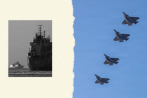 A collage of two images: one black-and-white photo of a large military ship, one photo of four jets flying against a blue sky