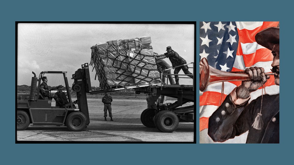 An illustration of an aid truck next to a man blowing a horn in front of an American flag