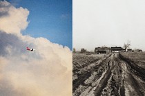 Side-by-side photos of a plane flying and a dirt road leading to a house