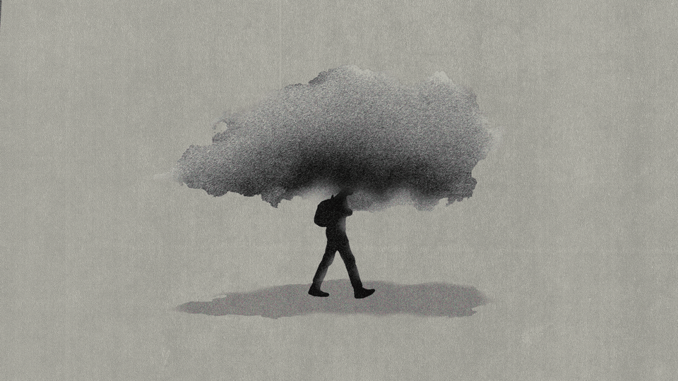 A drawing of a teenager walking beneath a rain cloud.