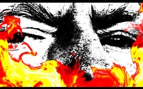 A photo of Donald Trump's eyes with flames in the foreground