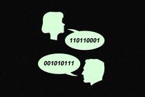 Two people talking, their thought bubbles showing binary computer code