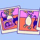 Three photos, from left: a cat, a vase of flowers, and a framed picture of a happy couple; flower petals and leaves falling and only part of a cat; a plant devoid of flowers and leaves, and no more cat