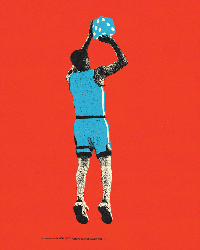 illustration with photo of basketball player in blue uniform taking a jump shot with a blue-and-white game die instead of a basketball on red background