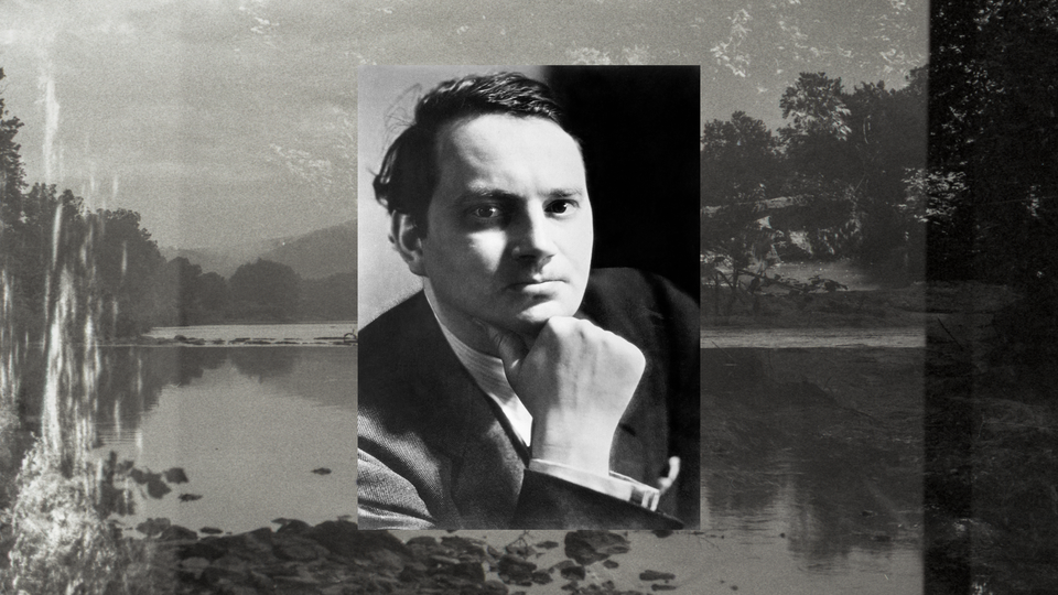 A black and white photograph of Thomas Wolfe on top of a landscape in black and white of a river scene