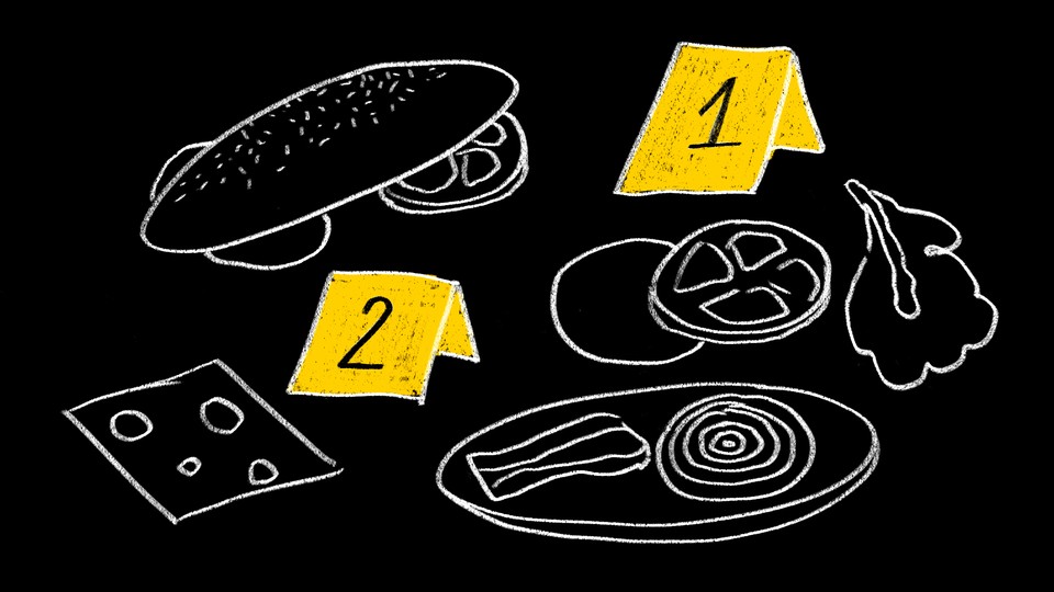 Pieces of a sandwich with crime-scene numbers next to them