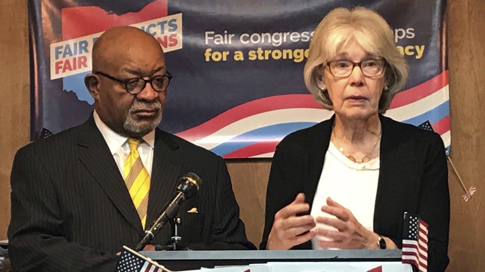 Fair Districts members Sam Gresham and Ann Henkener at a press conference in Columbus, Ohio, in January