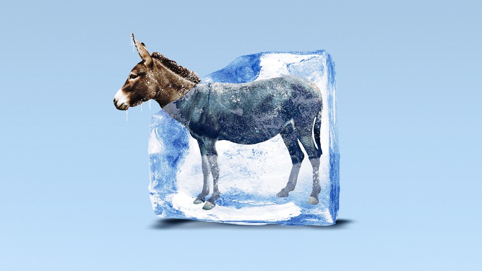 An illustration of a donkey in a thawing block of ice
