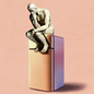 An illustration of Rodin's "The Thinker" statute perched on top of a fridge