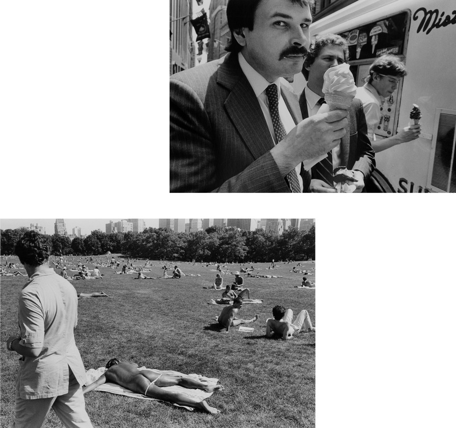 Offset Diptych: Right: Men in suits eat soft ice cream from a truck. Left: A man in a park walks by a sunbather laying facedown with his suit pulled down below his butt