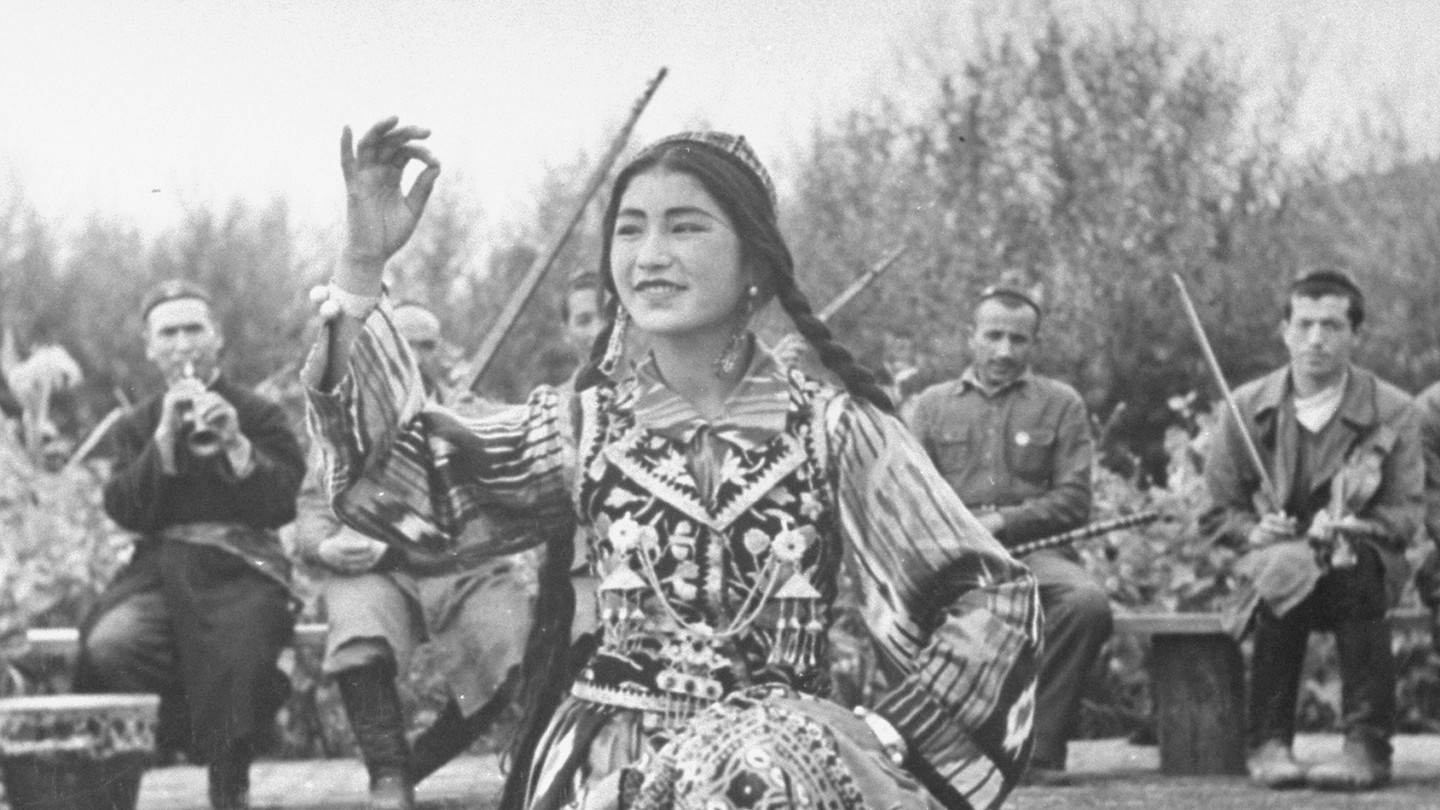 A photograph of a Uighur dancer performing to music