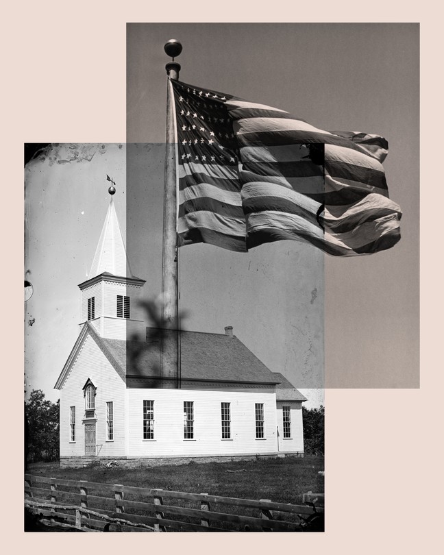 A photo of an American flag overlapping with a photo of a small white church