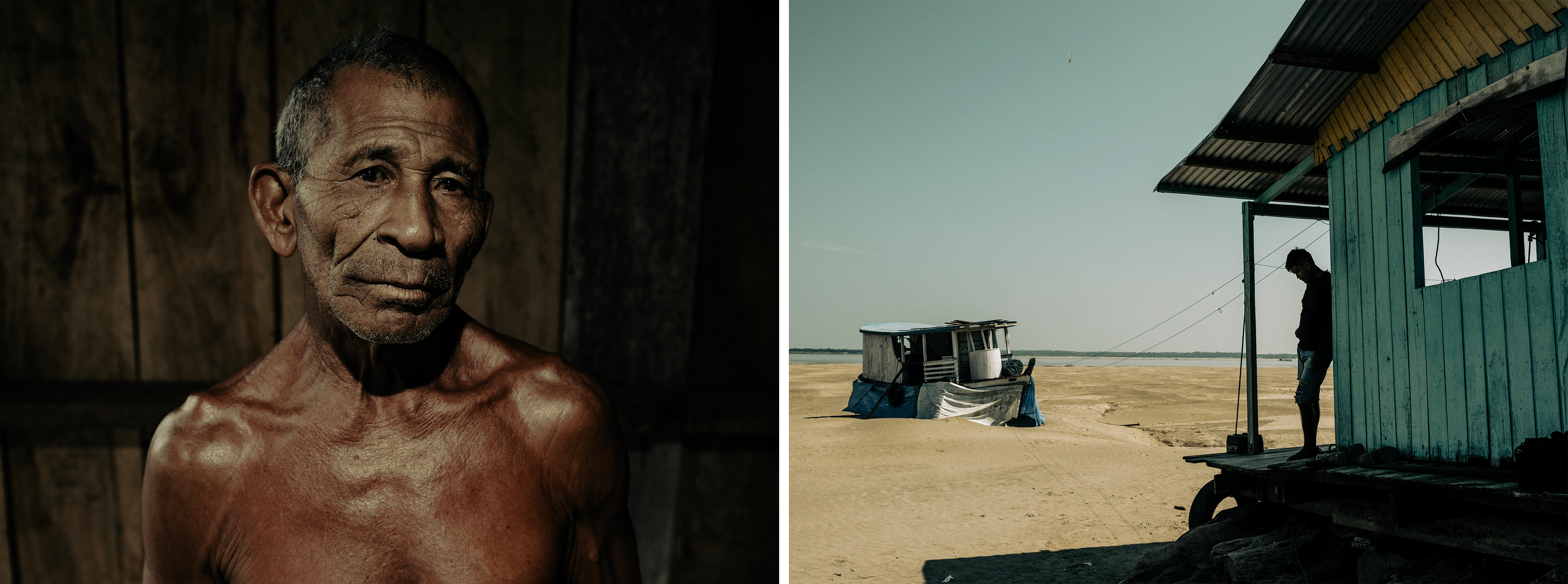 2 photos: a bare-chested older man looking somberly at camera; a person leaning in the doorway of a house beached on sand near a beached boat, with the shore and water in the distance 