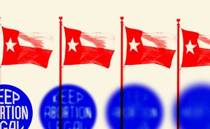 Illustration of a Texas flag over a fading "Keep Abortion Legal" symbol