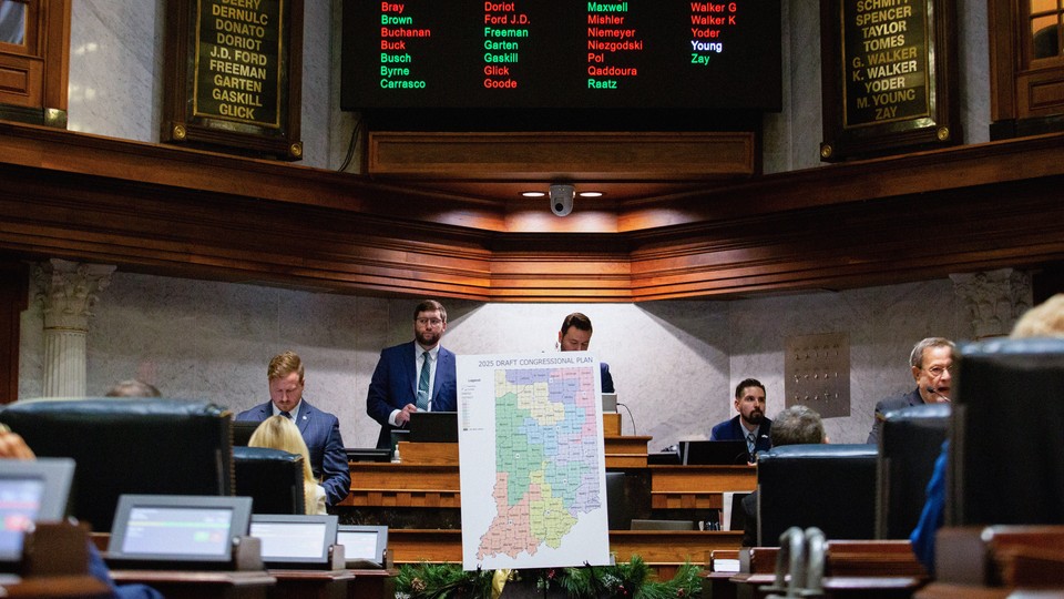 Photograph of Indiana’s electoral districts on a board in the state legislature