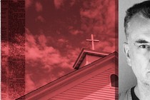 A collage showing a mug shot of Vance Boelter, a picture of a church, and a page of the Bible